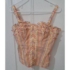 Etcetera Womens Small y2k Yellow Peach Stripe Corset Top Elastic Ruched Back